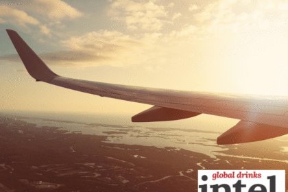 View from aeroplane of sunset over the sea, including the wing