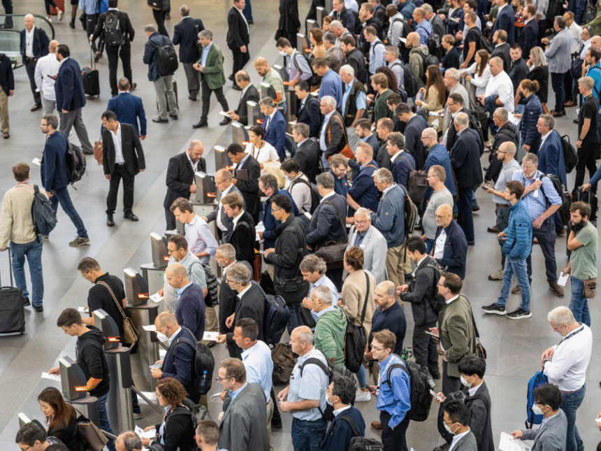 Aerial view of attendees at Drinktec 2022