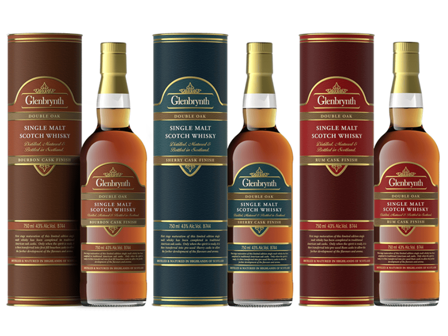 Glenbrynth Bourbon Cask Finish, Rum Cask Finish and Sherry Cask Finish bottles and boxes