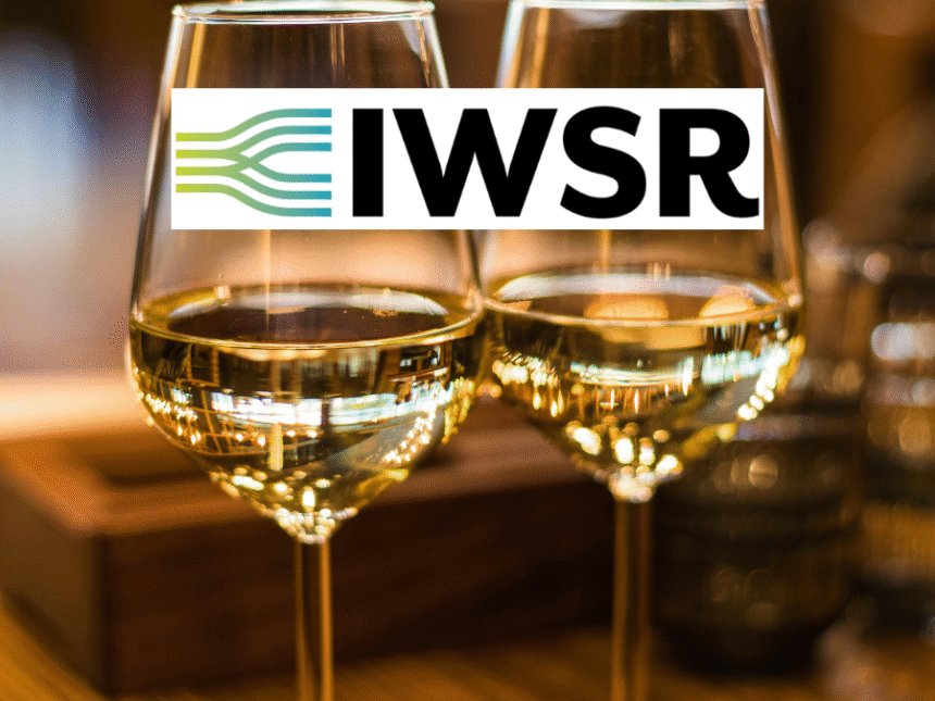 Two wine glasses behind IWSR logo