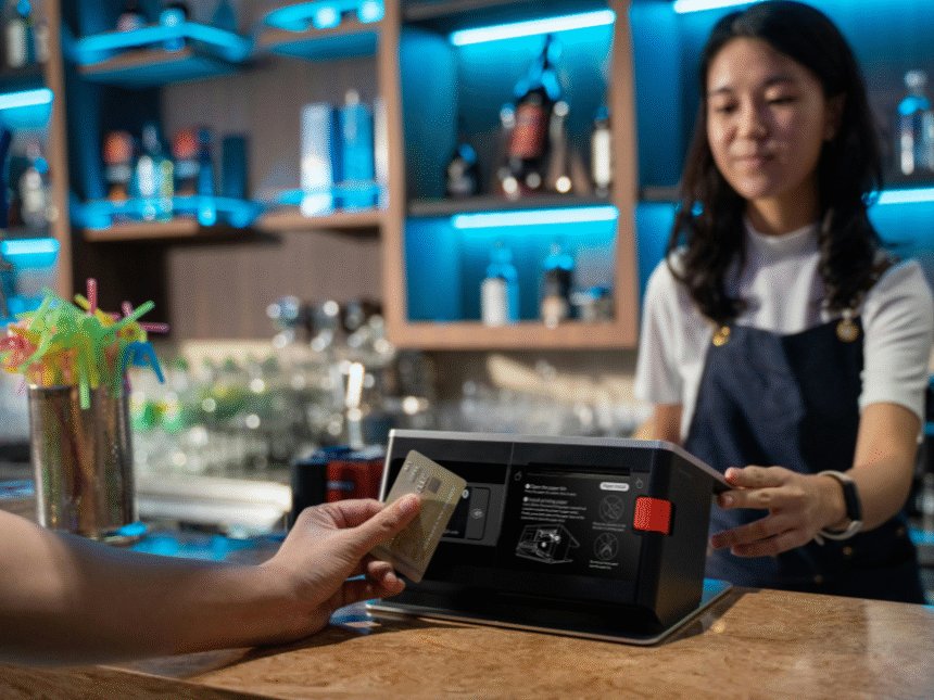 Customer paying by card at a bar