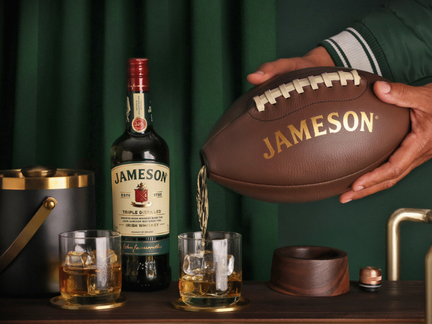Jameson bottle with American football-shaped bottle