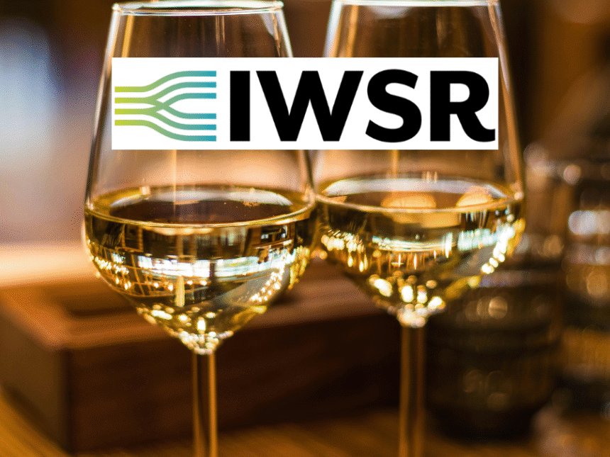 Two wine glasses behind IWSR logo