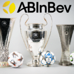 AB InBev logo with UEFA's three European club trophies