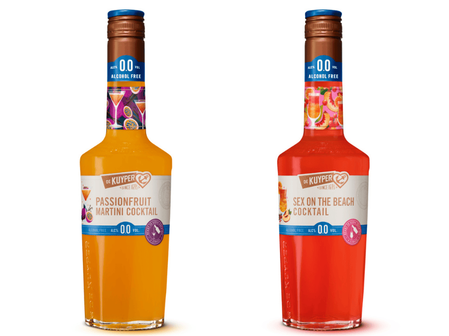 De Kuyper Ready to Serve Cocktails 0.0% Passionfruit Martini and Sex on the Beach bottles