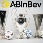 AB InBev logo with UEFA's three European club trophies