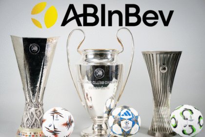 AB InBev logo with UEFA's three European club trophies