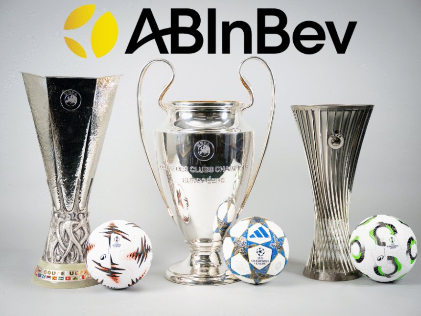 AB InBev logo with UEFA's three European club trophies