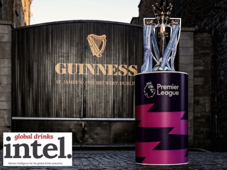 The English Premier League trophy in front of a Guinness-branded gate