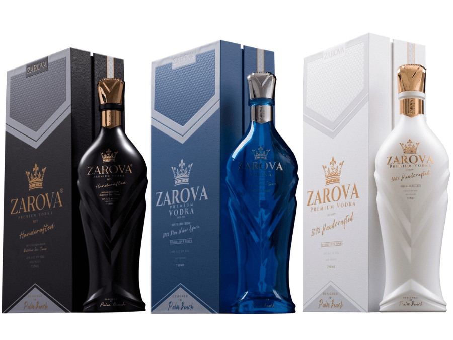 Zarova vodka bottles and boxes