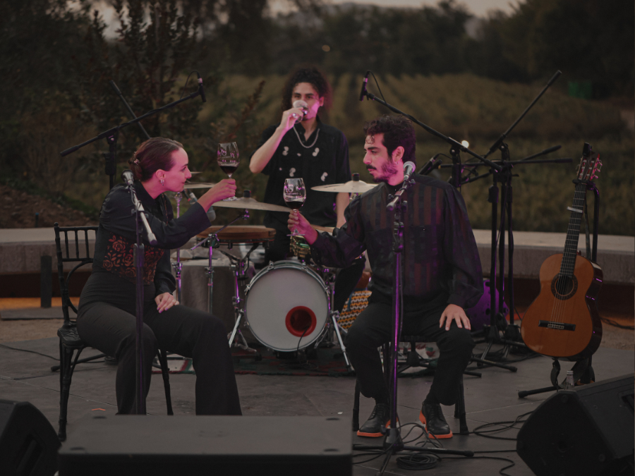 Three musicians cheers with wine with a vineyard backdrop
