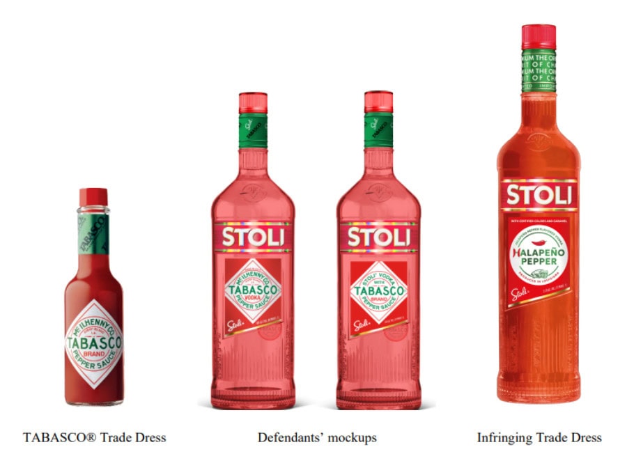 Line up of Tabasco sauce and Stoli vodkas flavoured with hot pepper