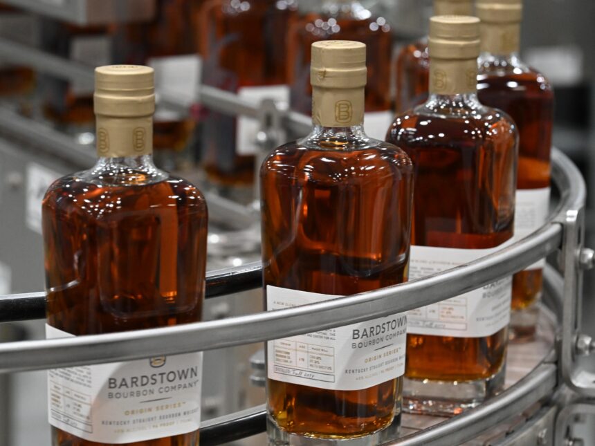 Bottles of Bourbon on a bottling line