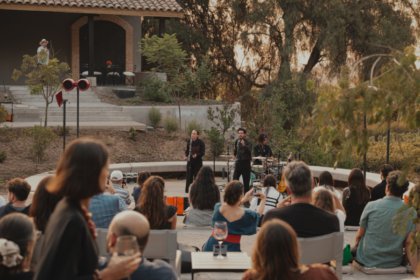 A singer performs at a winery in an ampitheatre-shaped space with people drinking wine