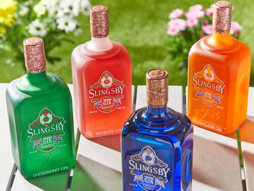 Four bottles of Slingsby Gin on a table in sunshine