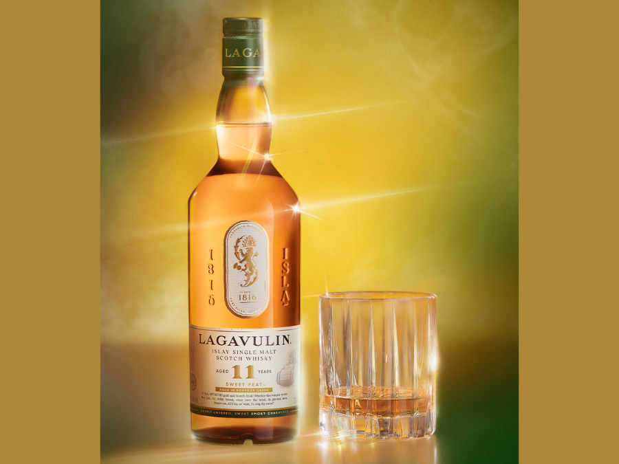 Lagavulin 11 Year Old Sweet Peat bottle with serve