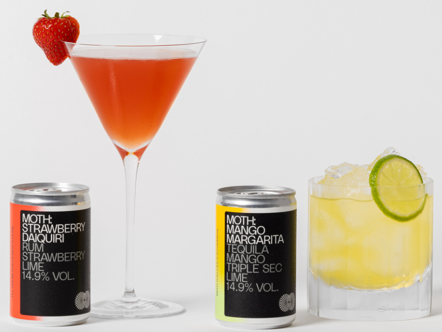 Moth's Mango Margarita and Strawberry Daiquiri cans next to two cocktails