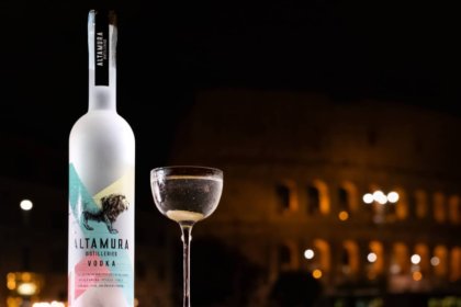 Altamura Distillery Vodka bottle on a bar next to a martini