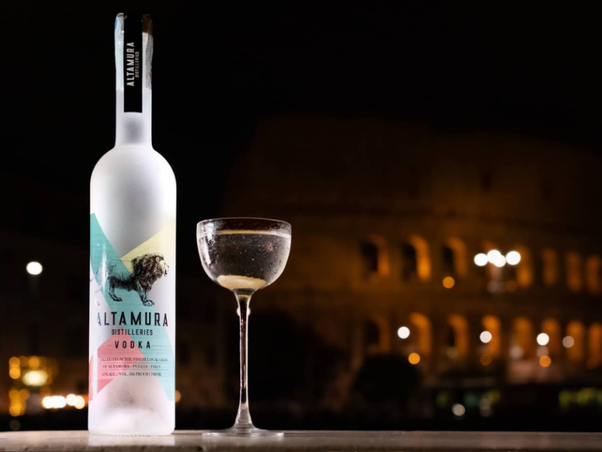 Altamura Distillery Vodka bottle on a bar next to a martini