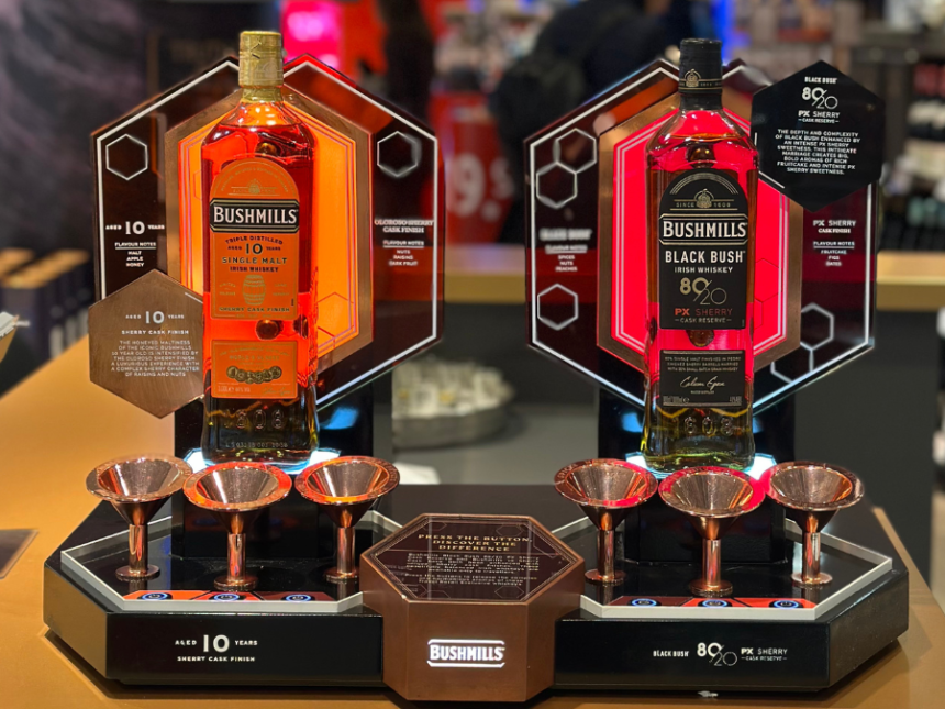 Bushmills whisky on a stand in an airport