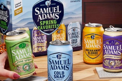 Cans of Samuel Adams beers on a counter