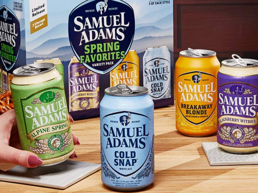 Cans of Samuel Adams beers on a counter