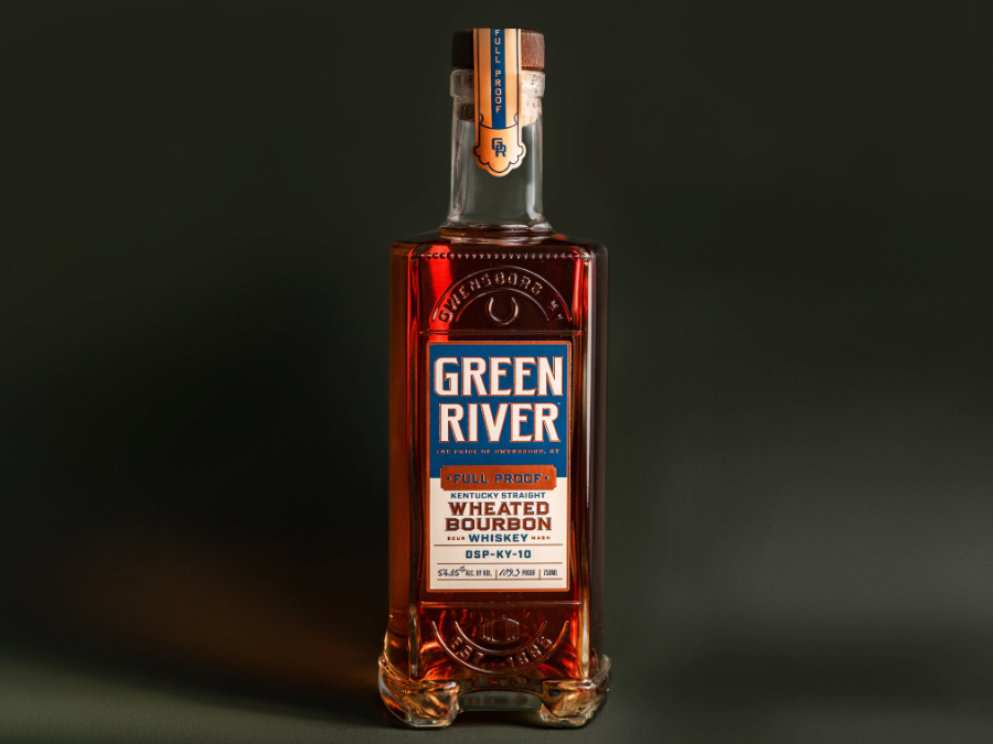 Bottle of Green River Wheated Full Proof Bourbon against a dark backdrop