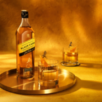 Bottle of Johnnie Walker Black Cask on a tray with a glass