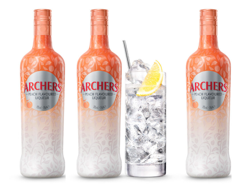Archers Peach Liqueur bottles plus serve
