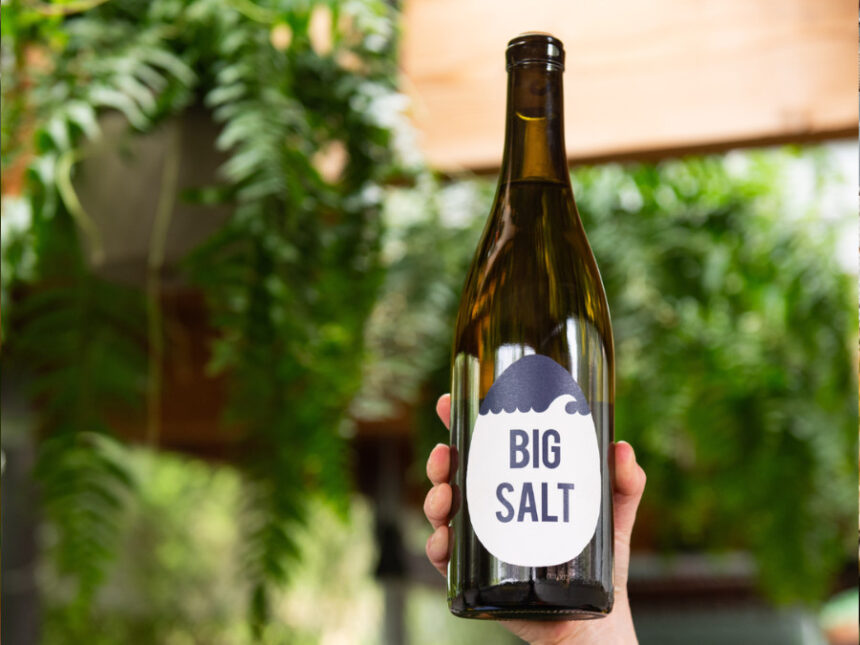 Bottle of Big Salt wine being held up