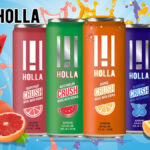 Can product shots for Holla RTD cocktails with bright fruity background