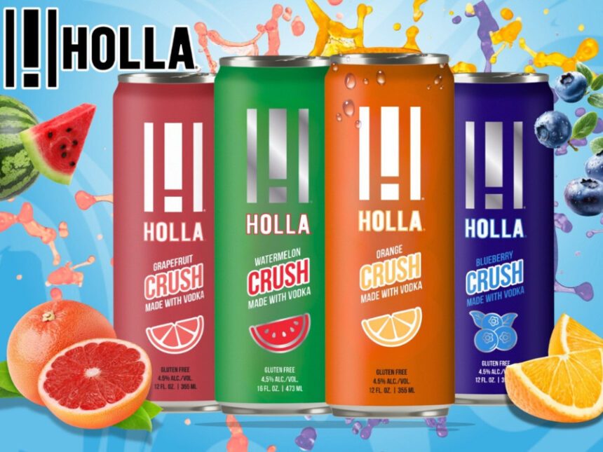 Can product shots for Holla RTD cocktails with bright fruity background