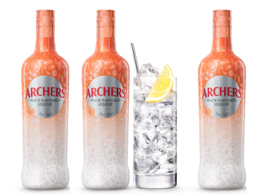 Archers Peach Liqueur bottles plus serve