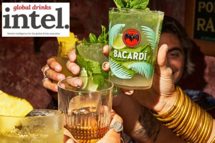 Bacardi branded glass among glasses in a drinks toast