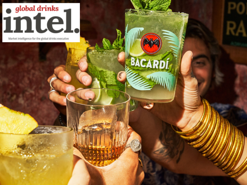 Bacardi branded glass among glasses in a drinks toast