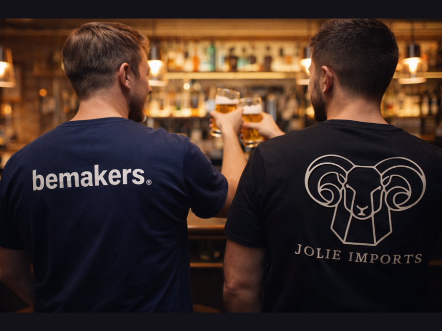 Two men with Bemakers and Jolie-branded shirts