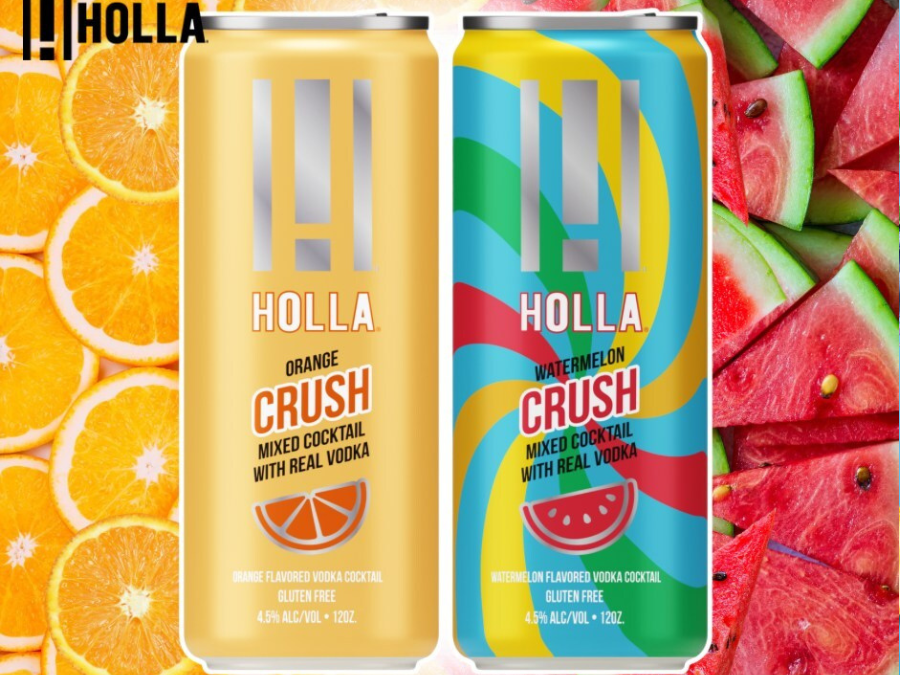 Can product shots for Holla RTD cocktails with bright fruity backgrounds