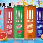 Can product shots for Holla RTD cocktails with bright fruity background