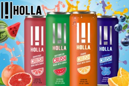 Can product shots for Holla RTD cocktails with bright fruity background