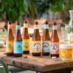 Bottles of Lowlander LoNo beers on a wooden table outside