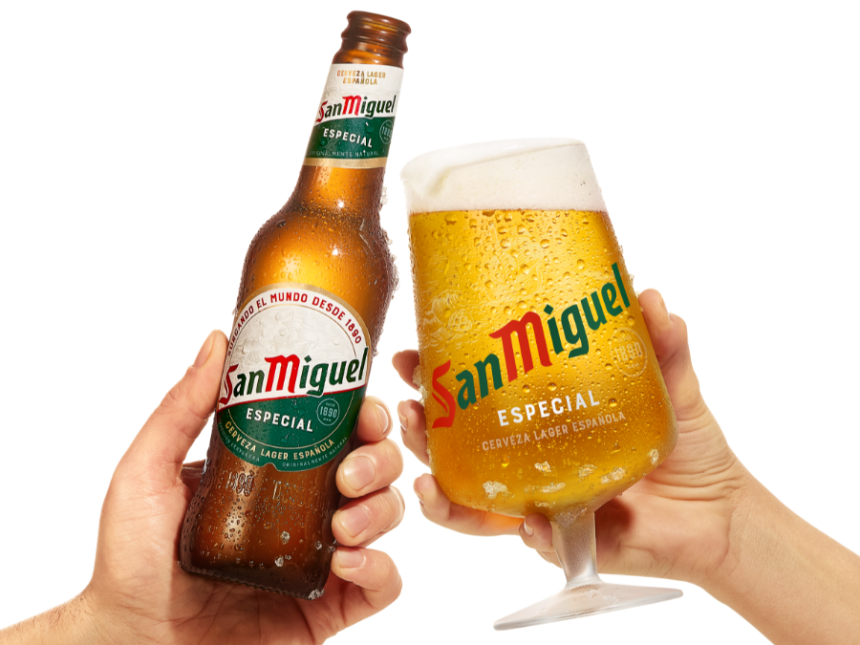 San Miguel bottle and branded glass