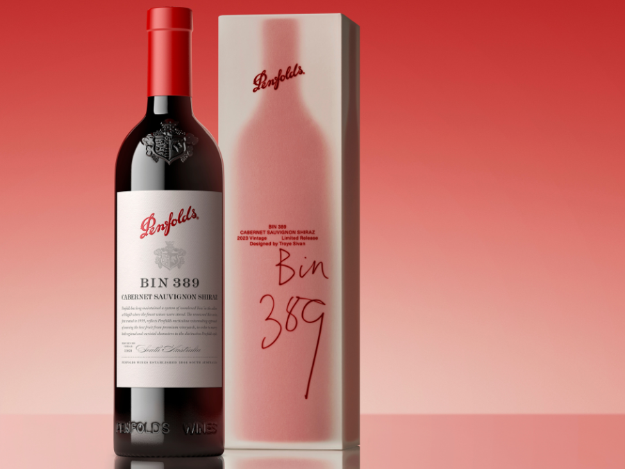 Penfolds bottle and gift box against red background