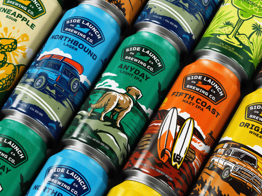 Flatlay of Side Launch Brewing Co cans