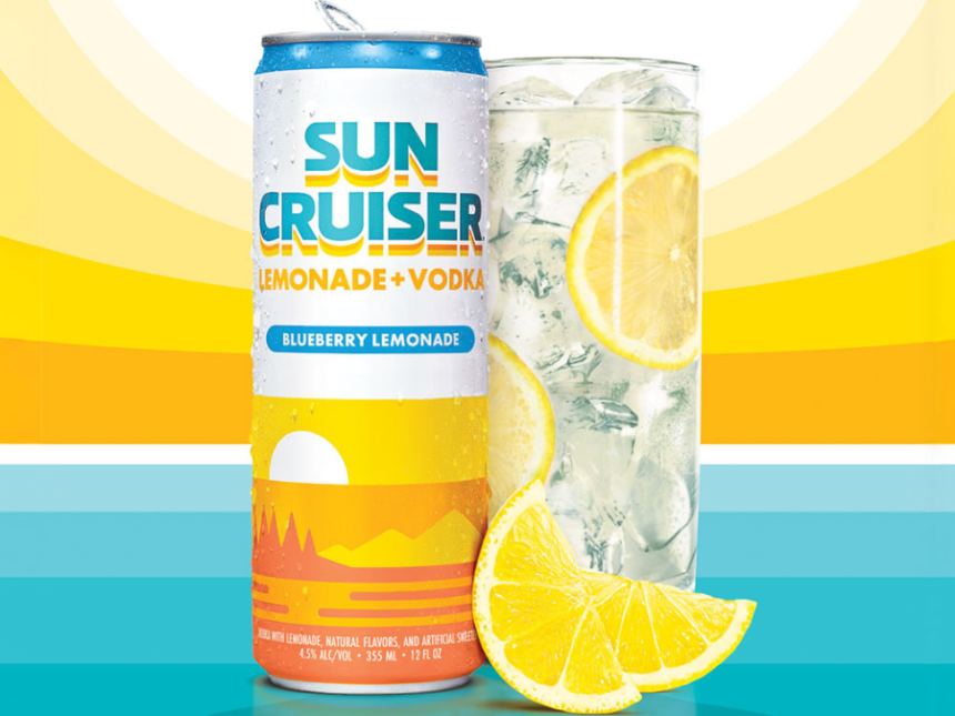 A can of Sun Cruiser next to a glass with sunset graphic in background