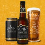 Skinny Lager can, bottle and branded glass