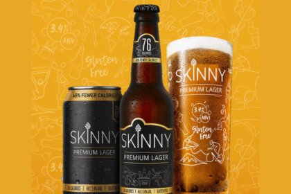 Skinny Lager can, bottle and branded glass