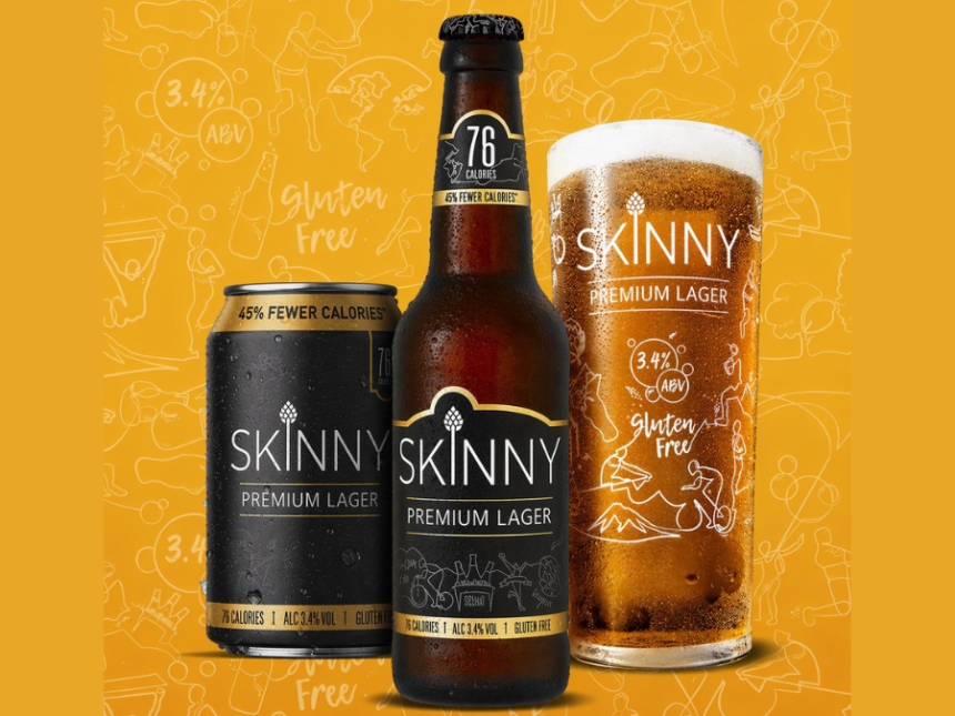 Skinny Lager can, bottle and branded glass