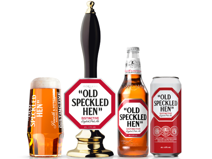 Old Speckled Hen branded glass, pump font, bottle and can