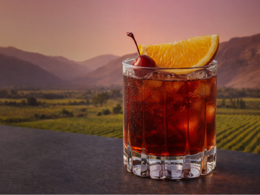 Pisco-based cocktail serve with Chilean mountains backdrop