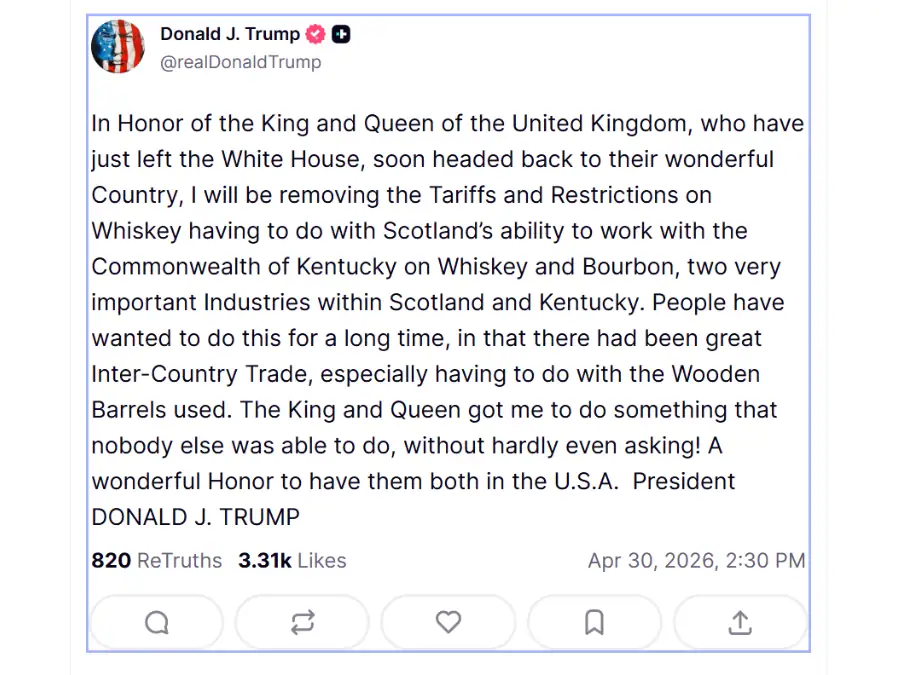 Donald Trump#s post on Truth Social regarding scotch whisky tariffs on 30 April